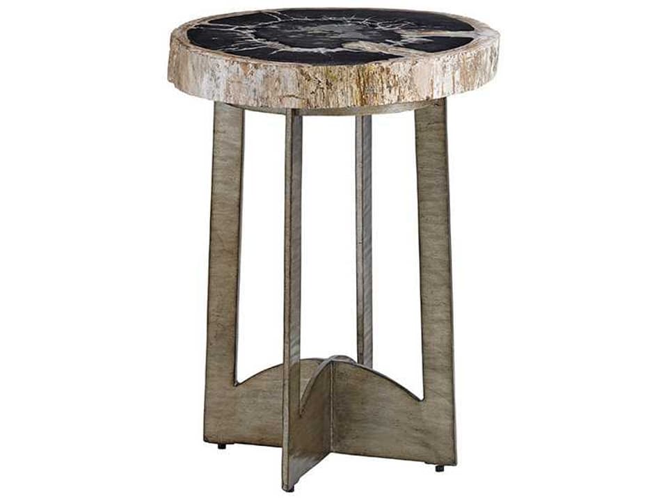 Laurel Canyon Oval Petrified Wood End Table with Silver Leaf Base
