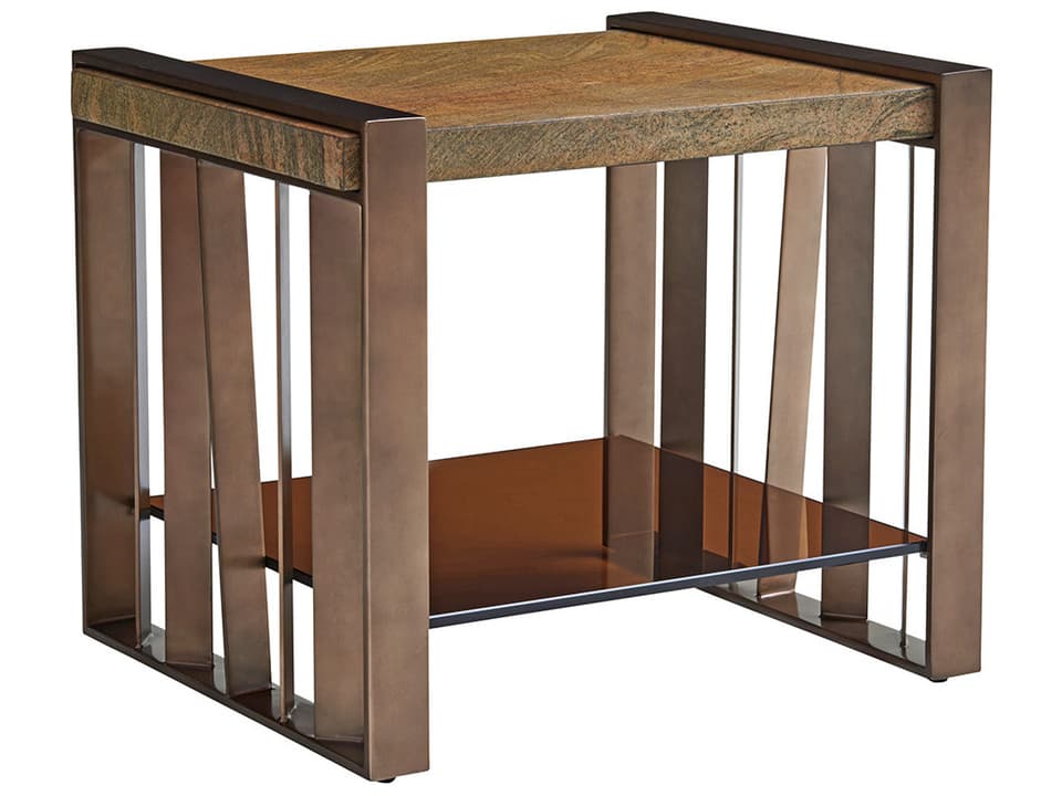 Zavala Rectangular Granite and Metal End Table with Bronze Silver Leaf