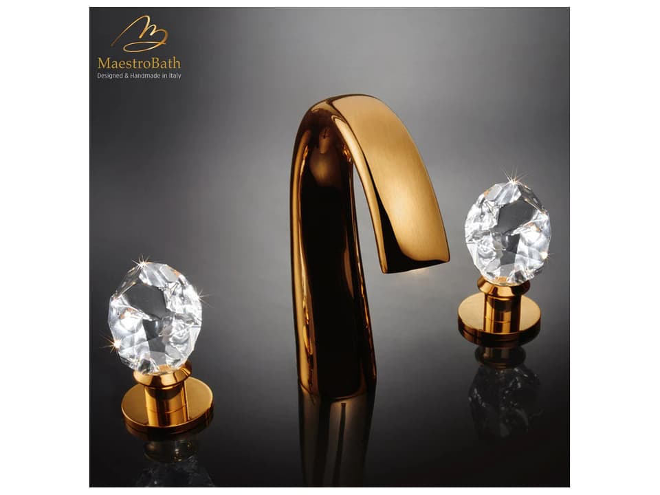 Lucente 2-Handle 3-Hole Widespread Bathroom Faucet with Swarovski Crystal Handles in Brushed Gold