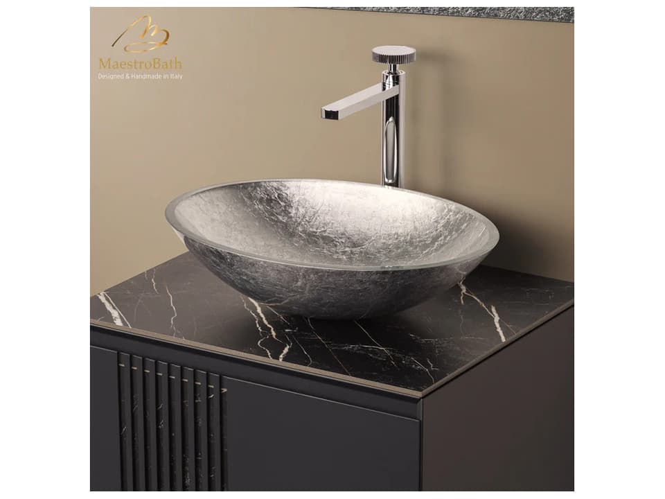 Amalfi Oval Tempered Resin-Glass Vessel Sink in Silver Leaf