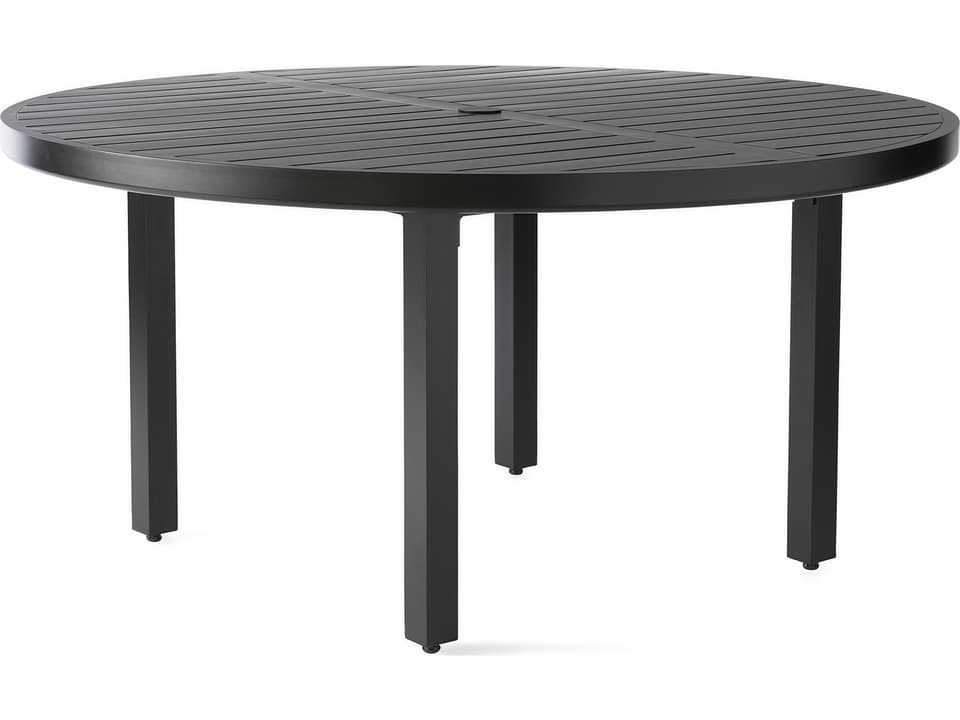 Trinidad Slat 60-Inch Round Umbrella Dining Table in Various Finishes