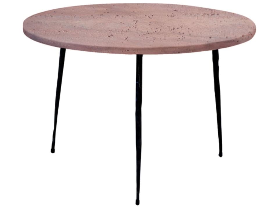 Kaii Round Rosso Travertine Marble End Table with Black Iron Legs