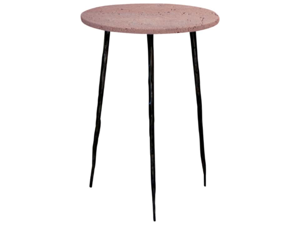 Kaii Round Tall End Table with Rosso Travertine Marble Top and Black Iron Legs