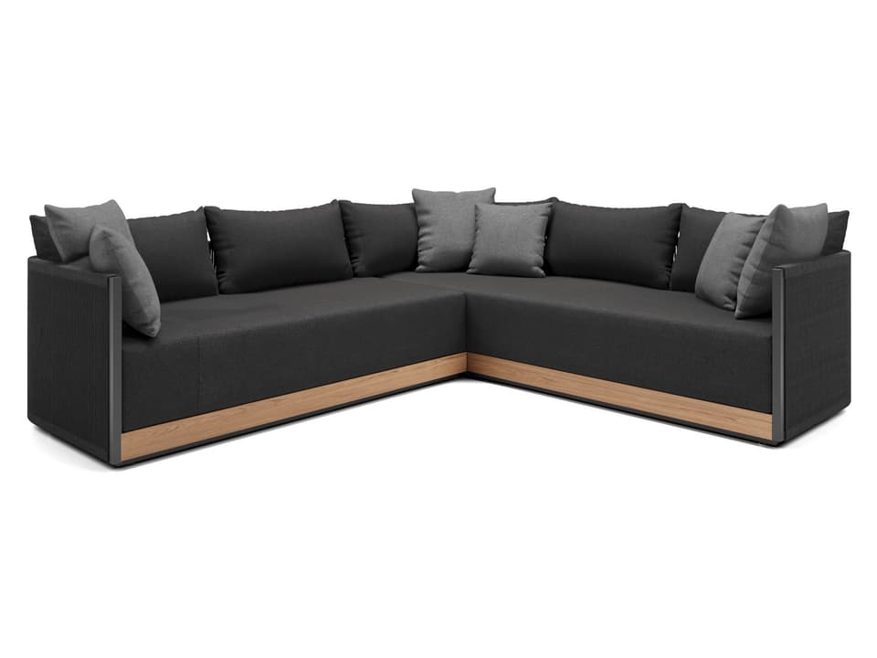 Haukland Left-Facing Sectional Sofa Component Peppercorn Fabric Black Cord Teak Wood