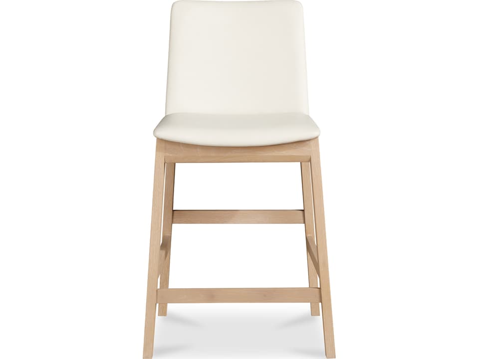Deco Upholstered Counter Stool in White Vegan Leather and Oak