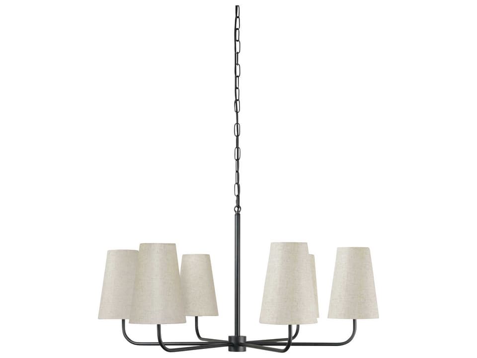 Mathis 6-Light Chandelier in Black Metal with Flecked Linen Shades