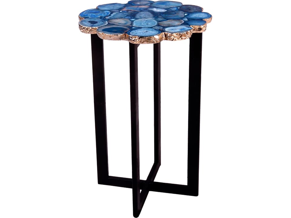Azul Agate Stone Blue Black End Table with Gold Trim
