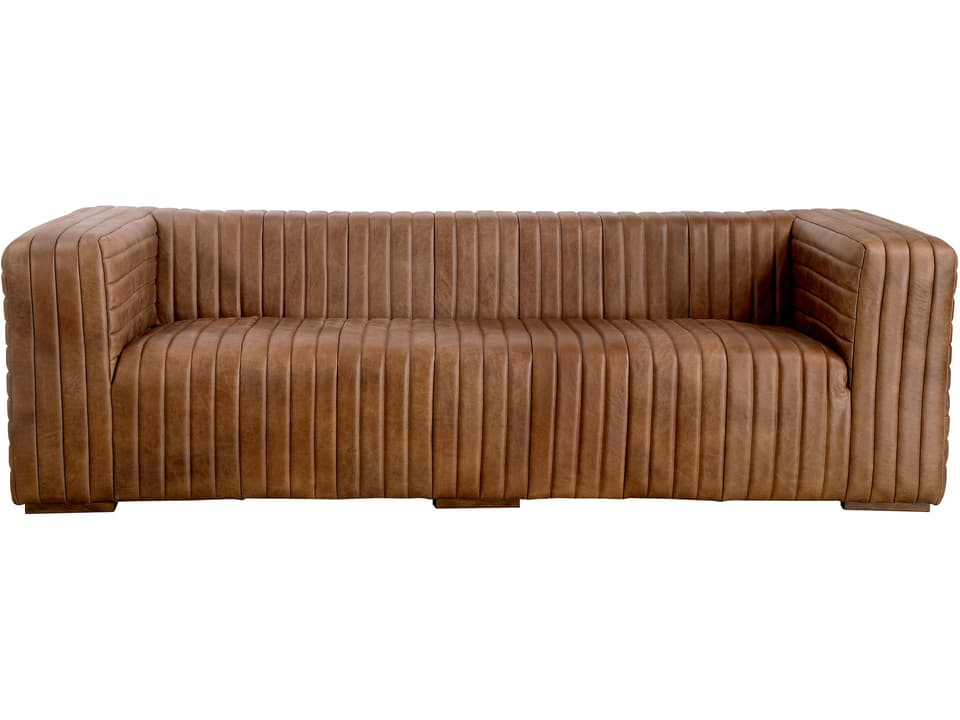 Castle 3-Seat Channel-Stitched Top-Grain Leather Sofa in Cappuccino Brown