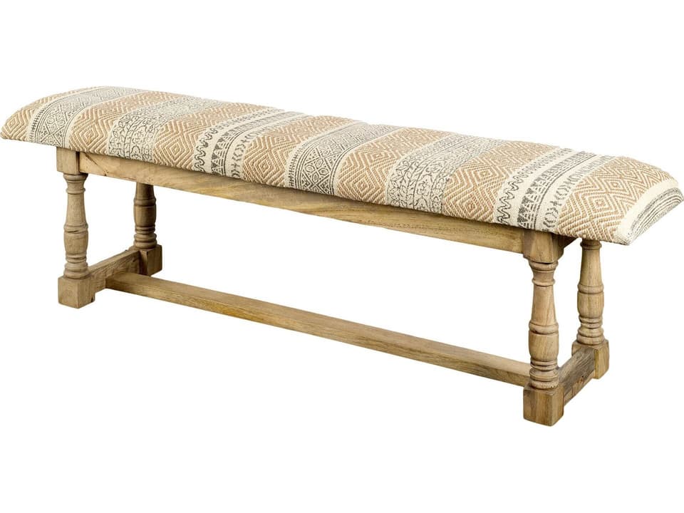 Greenfield II 59L x 14W Patterned Tan Upholstered Wood Frame Accent Bench