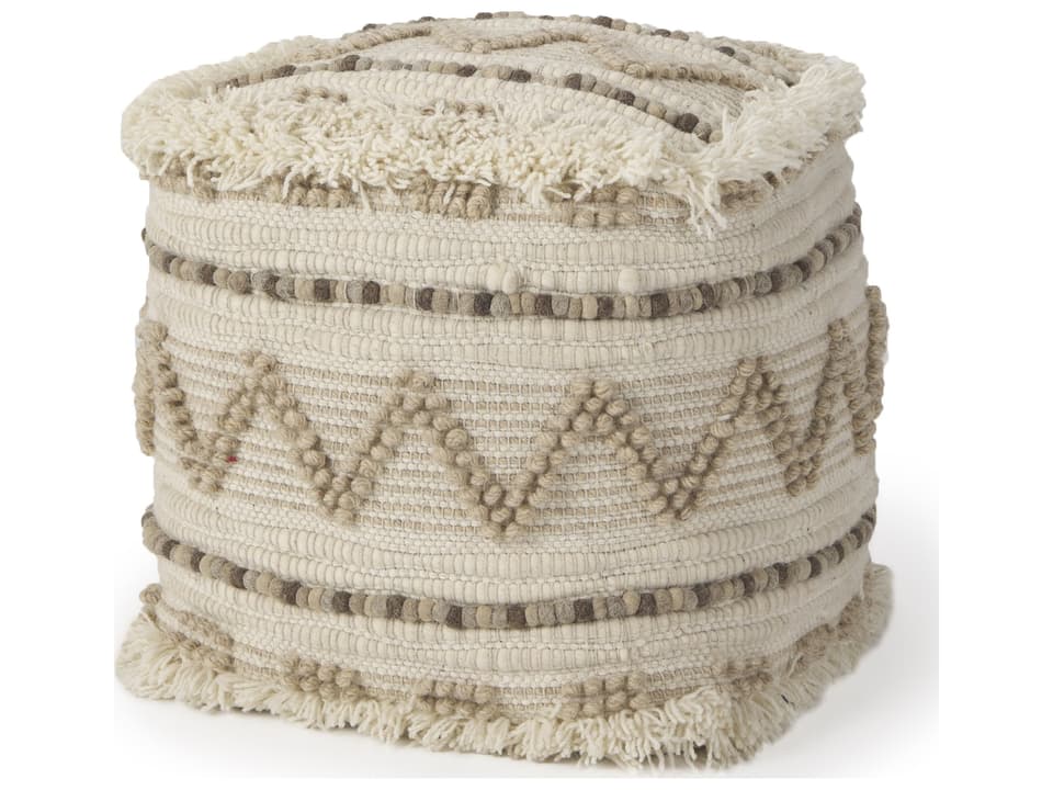 Caela Beige/Brown Wool, Cotton and Felt Popcorn Stitch Square Pouf