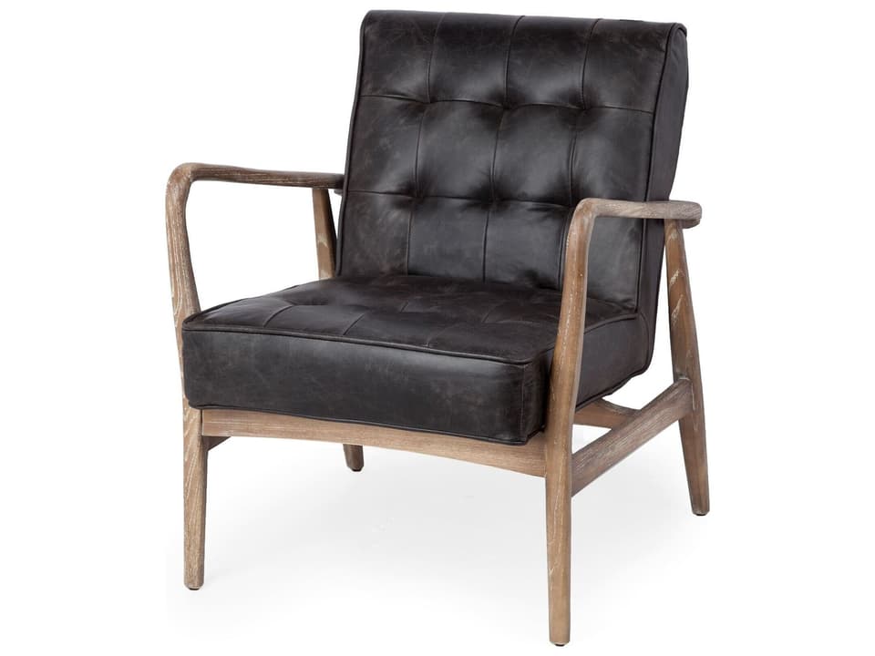 Phineas Black Leather W/ Brown Wooden Frame Accent Chair