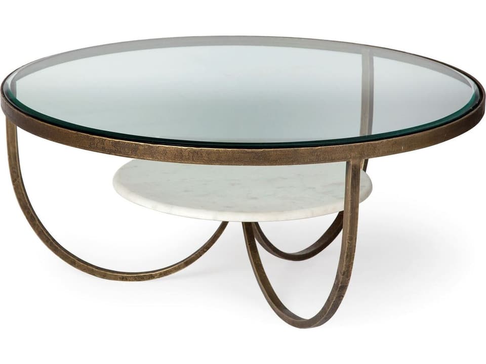 Reinhardt 36" Round Glass Top Marble Shelf Gold Metal Base Coffee Table