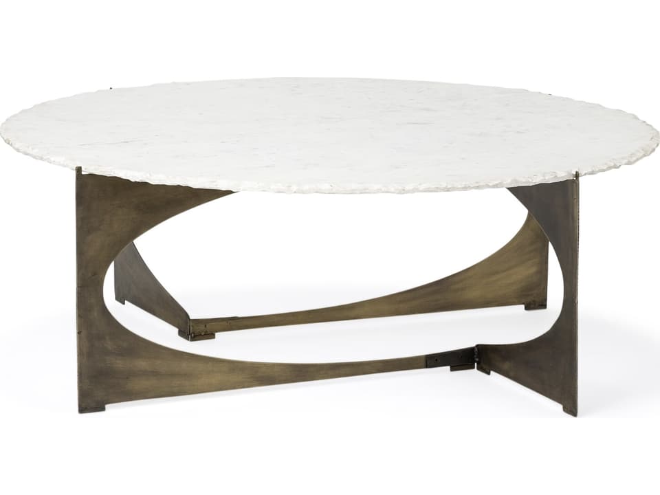 Reinhold 49 Inch Round White Marble Top Gold Metal Coffee Table