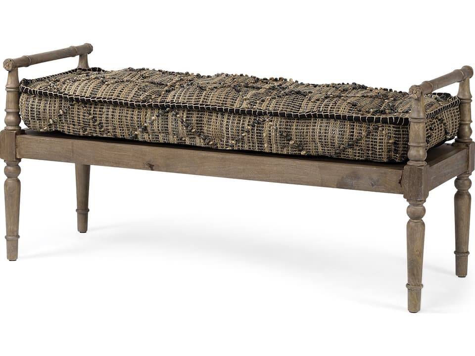 Fullerton II Jute Patterned Upholstered Accent Bench with Brown Wood Base