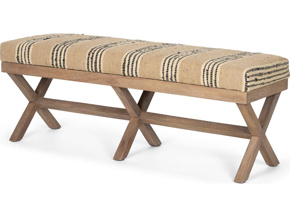 Solis 50L x 16W Brown Base Upholstered Beige/Black Stripe Seat Accent Bench