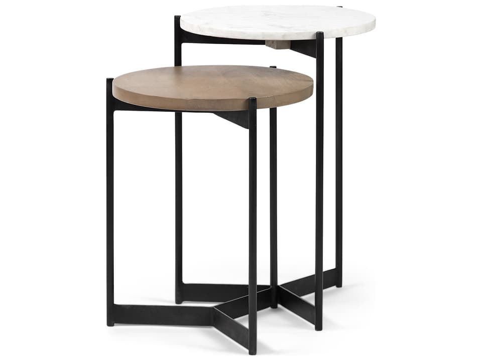 Larkin II Marble and Medium Brown Wood Round Tabletop Nesting End/Side Tables