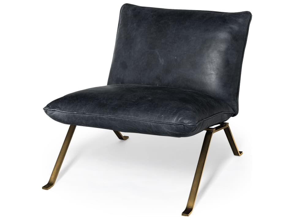Flavelle II Black Leather Cushion Seat and Solid Iron Base Accent Chair
