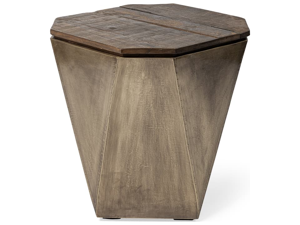 Esagono Octagonal Gold Metal-Clad Reclaimed Wood End/Side Table w/ Storage