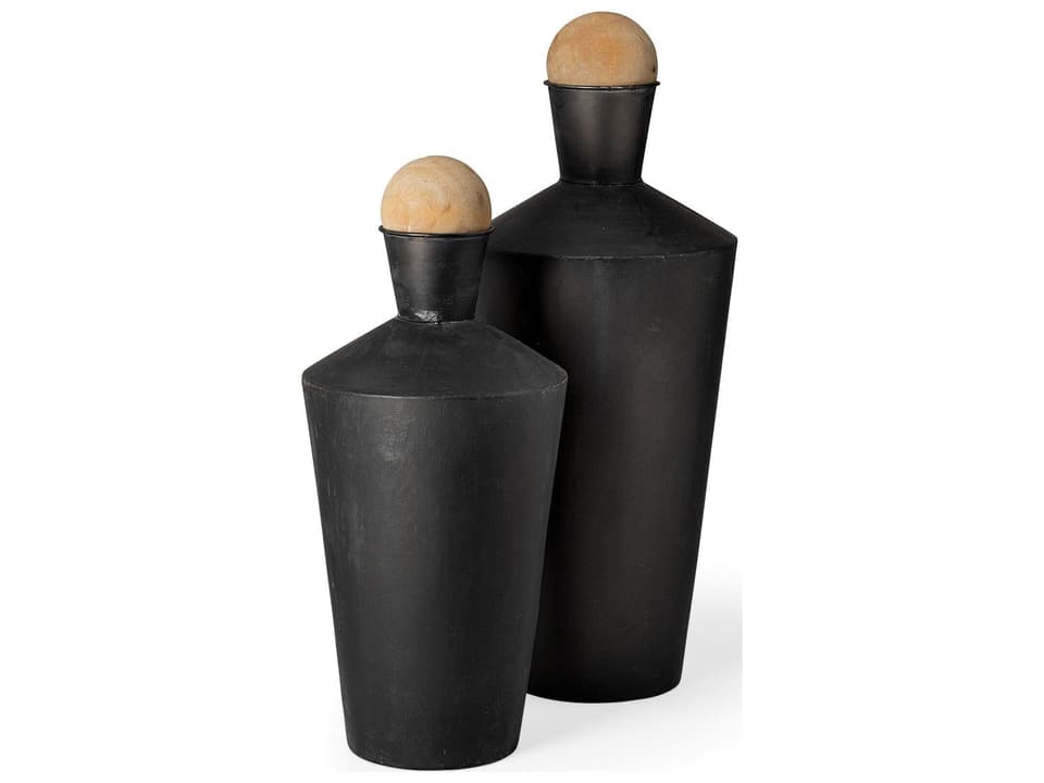 Asher Set of Two Black Metal Decorative Urns with Wood Stoppers