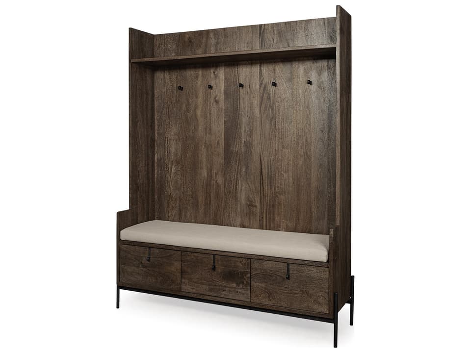 Glenn V 56L x 17W Dark Brown Wood w/ Cream Fabric Seat, 3 Drawers Hall Tree