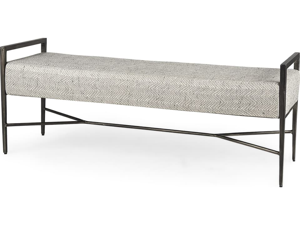 Charlotte  55.0L Gray Herringbone Fabric Seat w/ Antique Nickel Metal Frame Bench