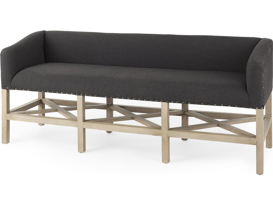 Bergen 60.0L x 19.0W x 25.5H Dark Gray Fabric W/ Light Brown Wooden Base Accent Bench