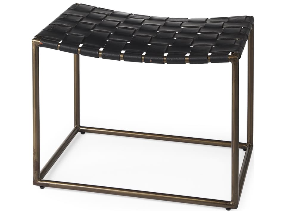 Clarissa 22.0L x 16.0W x 16.75H Black Leather Woven Seat W/ Gold Metal Frame Stool