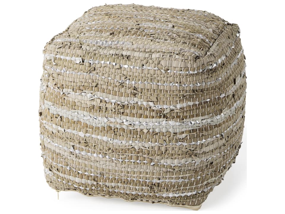Aadhya 16.0L x 16.0W x 16.0H Taupe/Silver Leather and Cotton Pouf