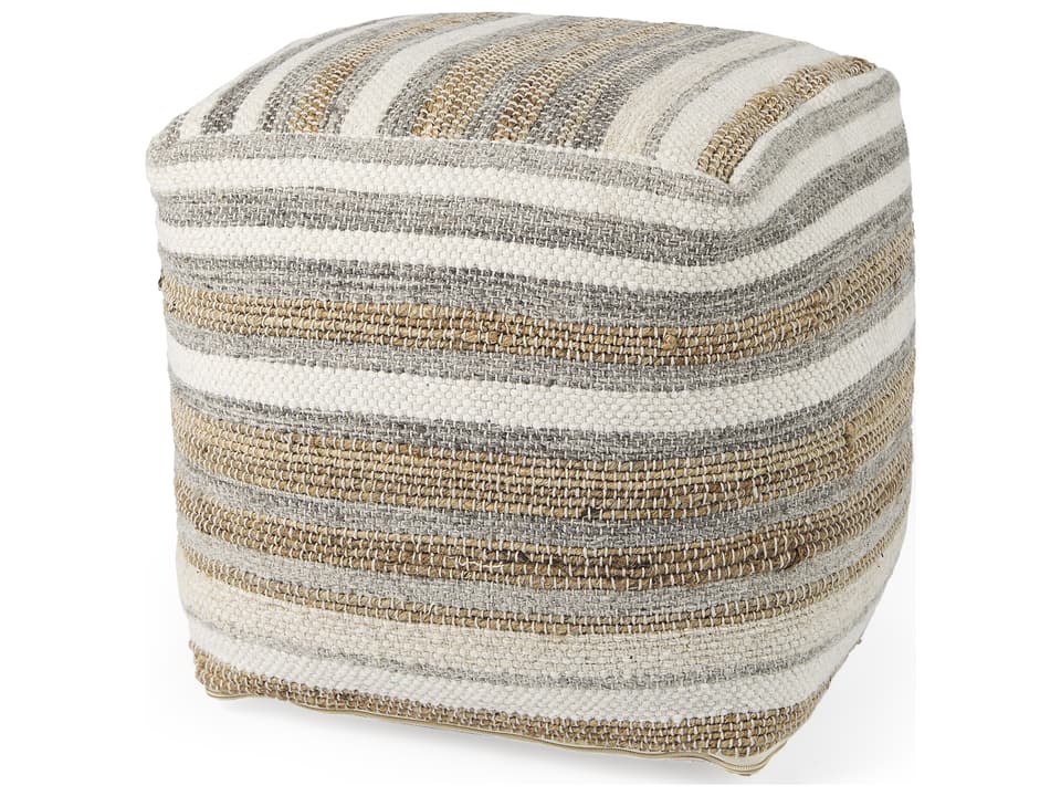 Aahana 16.0L x 16.0W x 16.0H White/Taupe/Gray Striped Hemp and Cotton Pouf