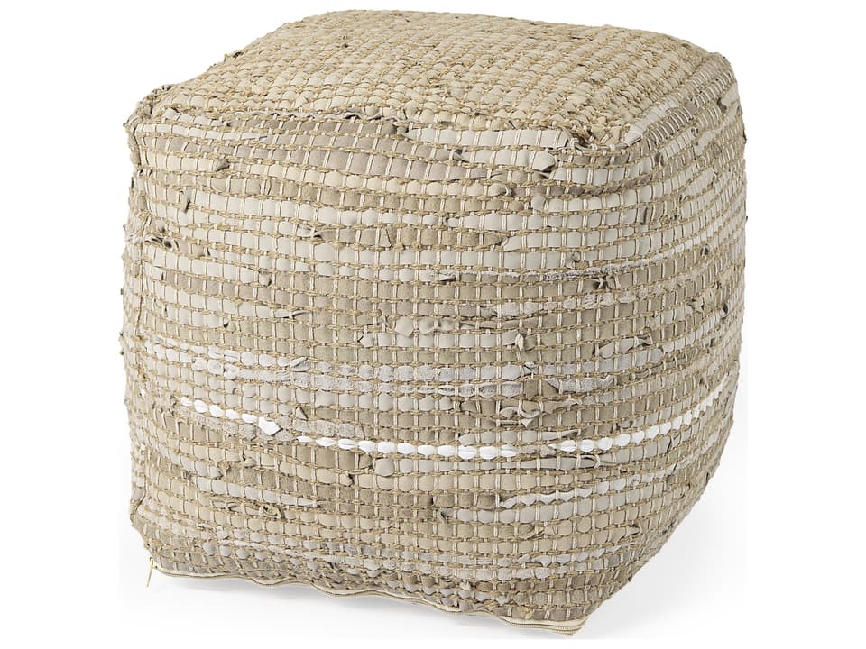 Aalia 16.0L x 16.0W x 16.0H Beige Leather and Jute Pouf
