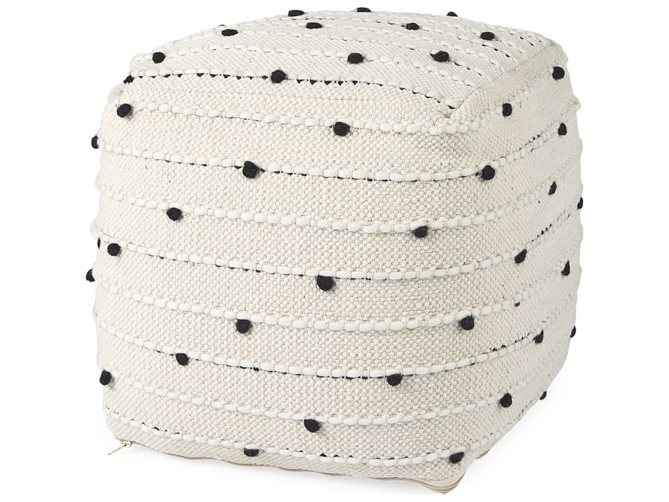 Amaira 16.0L x 16.0W x 16.0H Cream/Black/White patterned Wool and Cotton Pouf