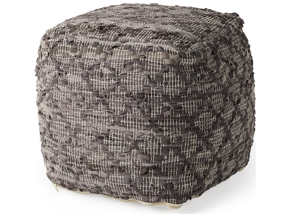 Falguni 16.0L x 16.0W x 16.0H Gray Leather and Cotton Patterned Pouf