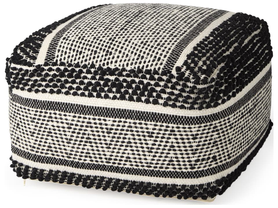 Garima  22.0L x 22.0W x 14.0H Black/White Wool and Cotton Patterned Pouf
