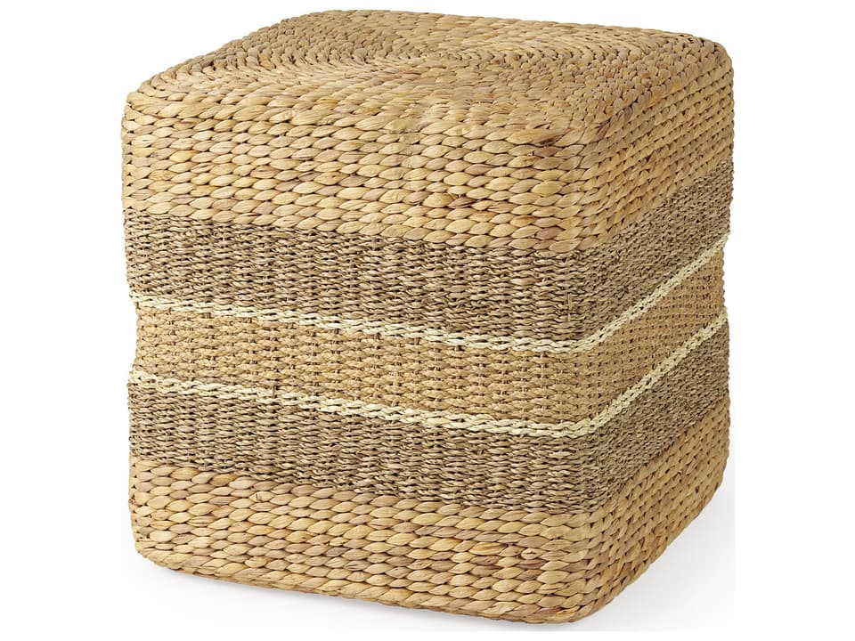 Maya Seagrass Square Pouf with Light Brown and Medium Brown Stripes