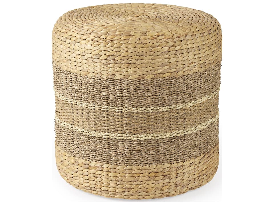 Maya Light Brown Medium Brown Stripes Seagrass Round Pouf