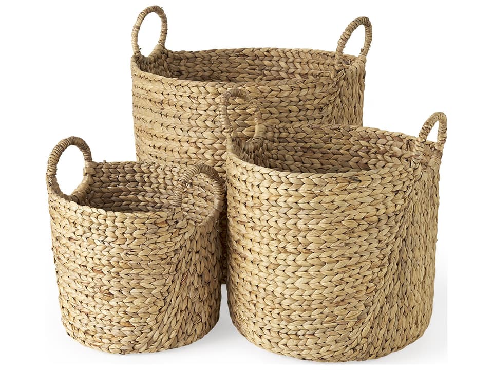 Sivan Light Brown Water Hyacinth Round Basket Set with Handles