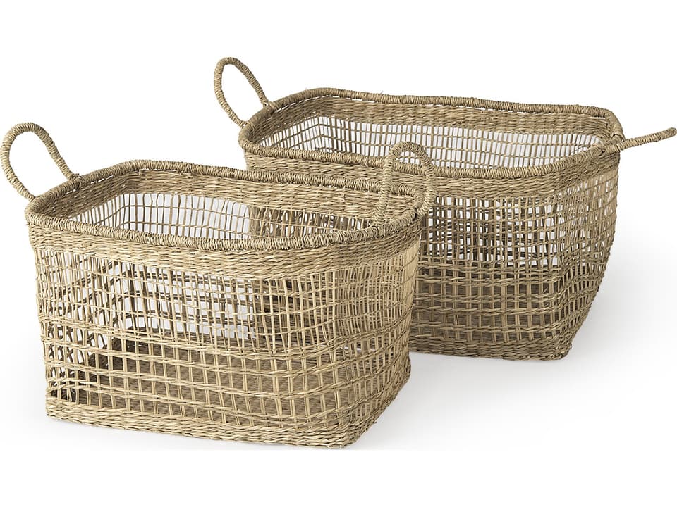 Bellisa Medium Brown Seagrass Rectangular Basket with Handles Set of 2