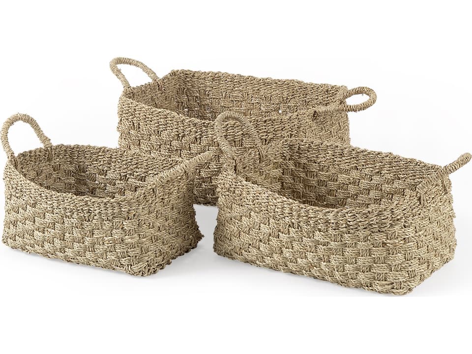 Emra Rectangular Seagrass Basket Set with Handles Light Brown