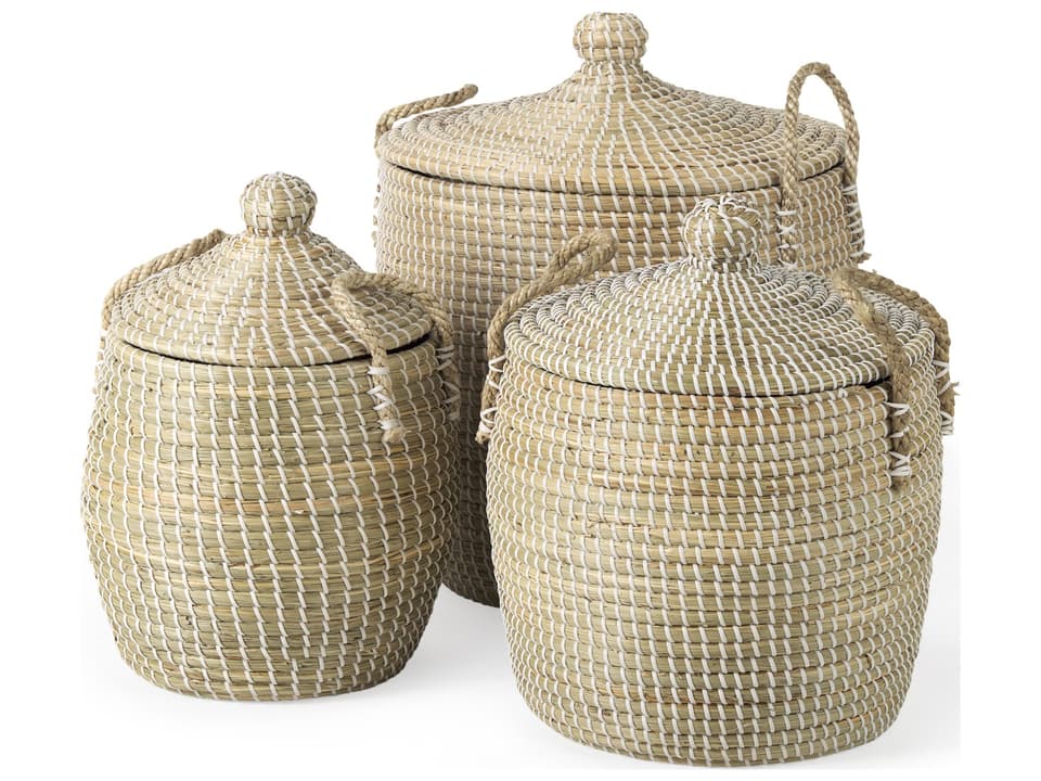 Olivia Set of 3 Beige Seagrass Baskets with Lid and Handles