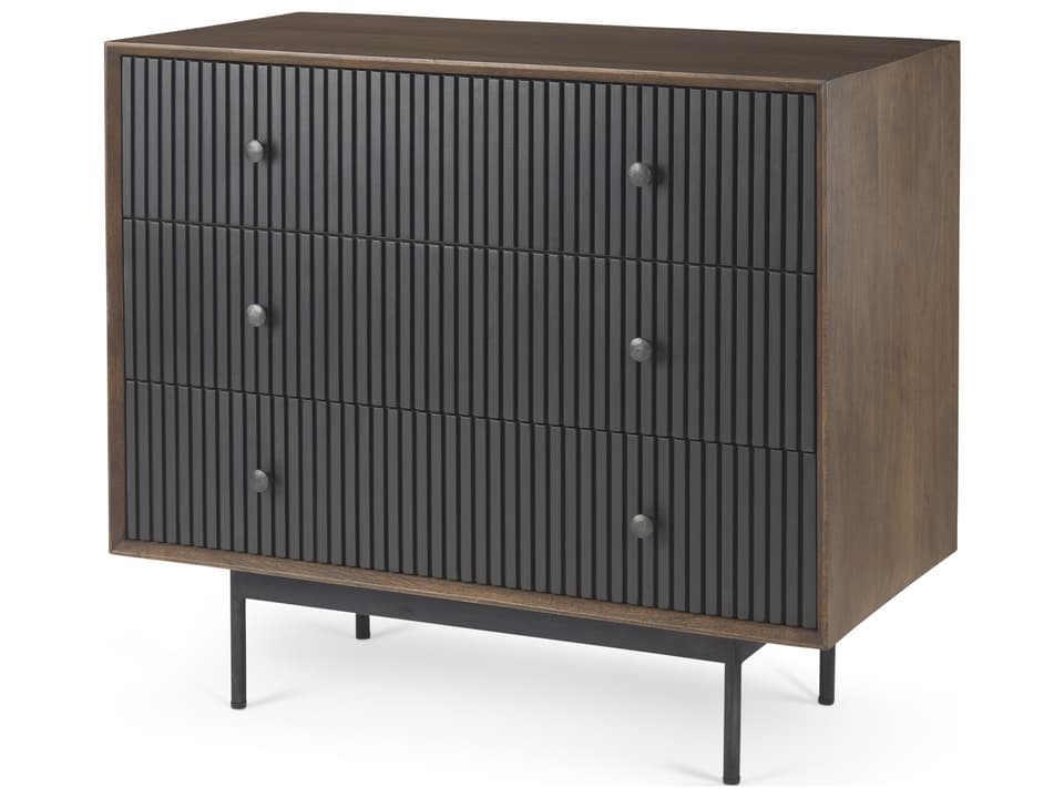 Grace 35.5L x 18.0W x 31.0H Medium Brown Wood W/Black Metal Frame 3 Drawer Accent Cabinet