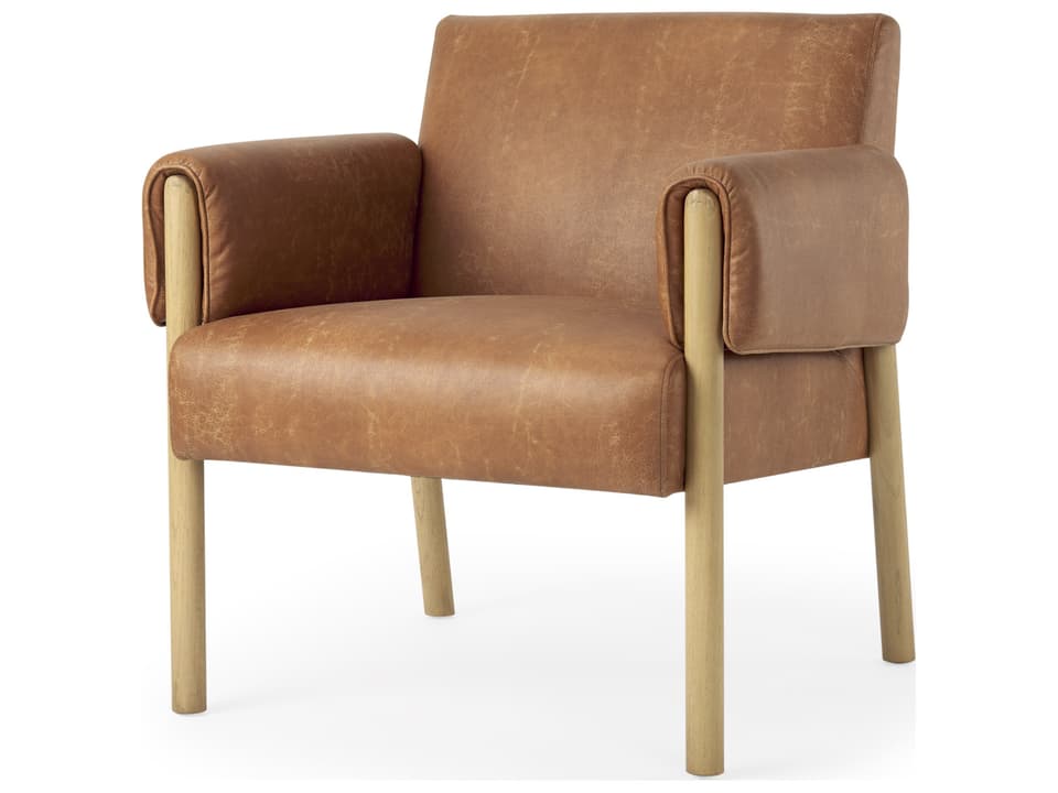 Ashton Brown Faux Leather Accent Chair with Light Wood Frame