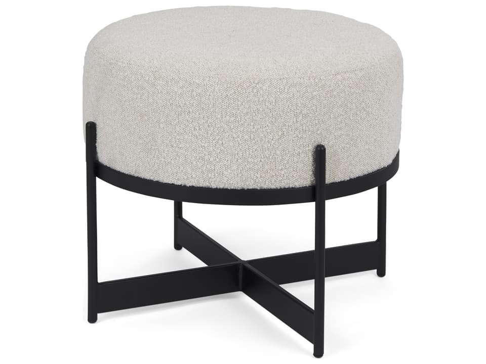 Amelia Cream Boucle Upholstered Pouf with Black Metal Base