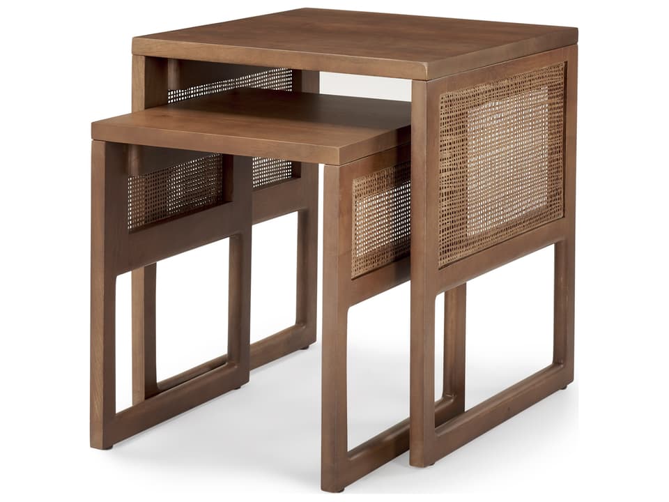 Grier Set of 2 Medium Brown Solid Wood w/ Cane Nesting Accent Tables