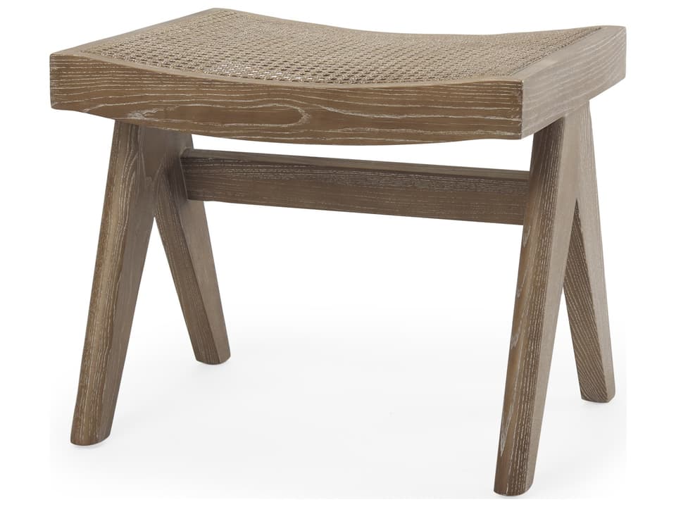 Arvin Solid Wood Stool with Cane Seat and Rustic Whitewashed Finish