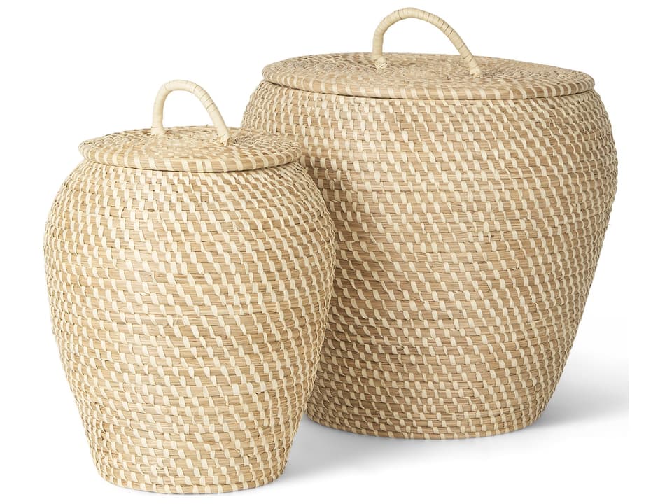 Kalopa Set of 2 Handwoven Seagrass Floor Baskets with Flat Handled Lid