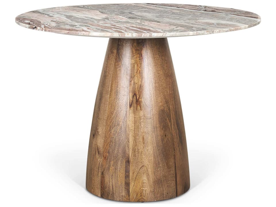 Allyson 42" Round Brown Wood Pedestal w/ Savar Pink Marble Top Dining Table