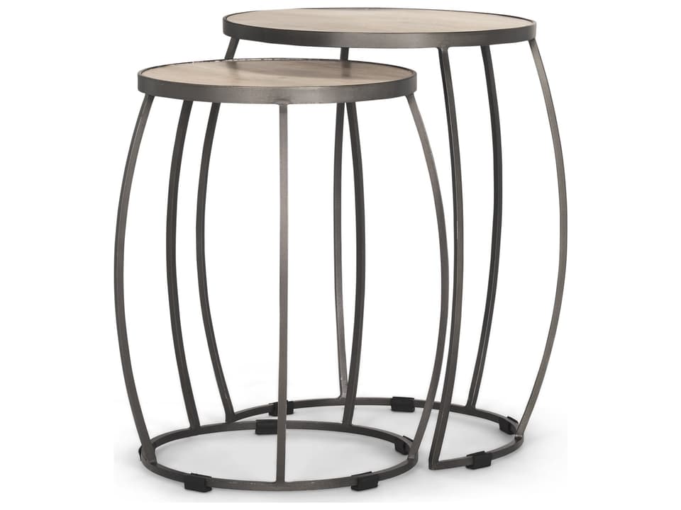 Clapp Round Light Brown W/ White Wash Wood and Silver Metal Nesting Accent Tables (Set of 2)