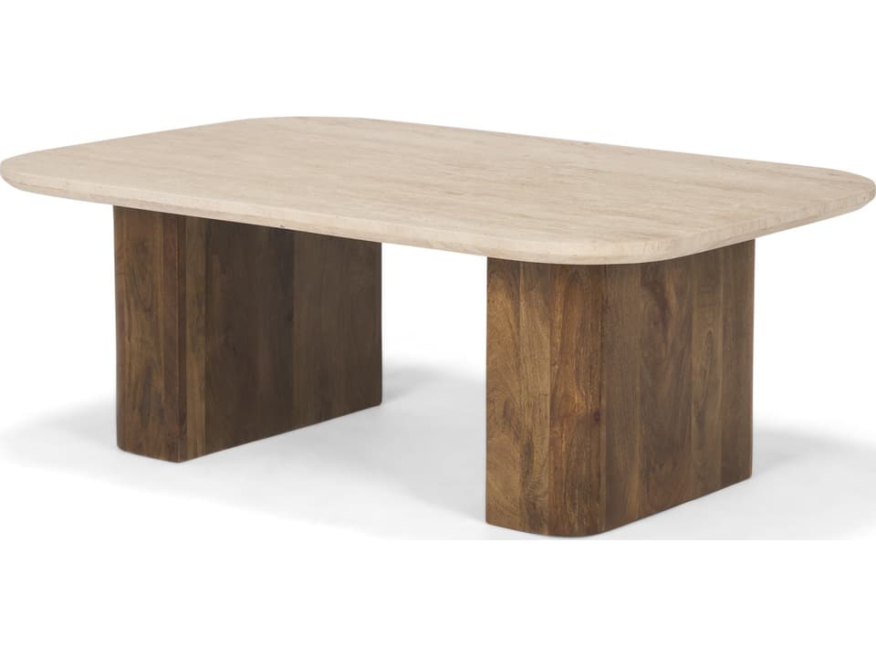 Symona Travertine and Mango Wood Rectangle Coffee Table