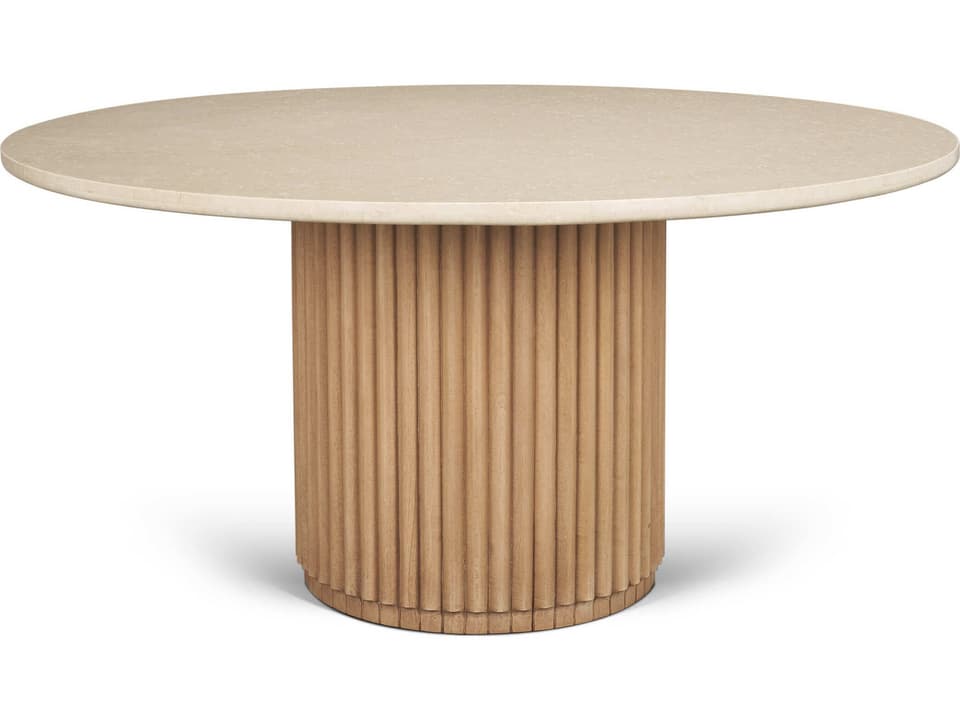 Marbrello 60" Botticino Marble Top Light Brown Fluted Wood Round Dining Table
