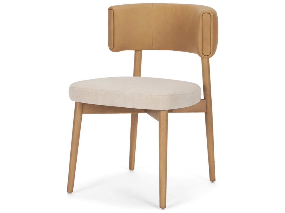 Motley Curved Open Back Cream Fabric and Tan Leather Dining Chair